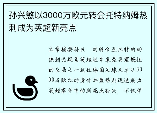 孙兴慜以3000万欧元转会托特纳姆热刺成为英超新亮点
